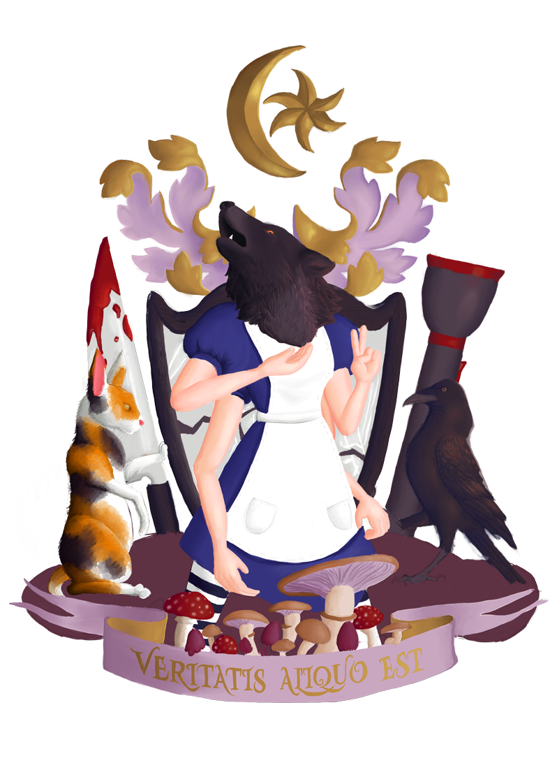 a coat of arms featuring a wolf-headed Alice Liddell with hands in an As Above, So Below position. The shield is a Malkavian mirror, with a calico cat on one side, a crow on the other. The moon and star symbol of Nerevar hangs overhead.