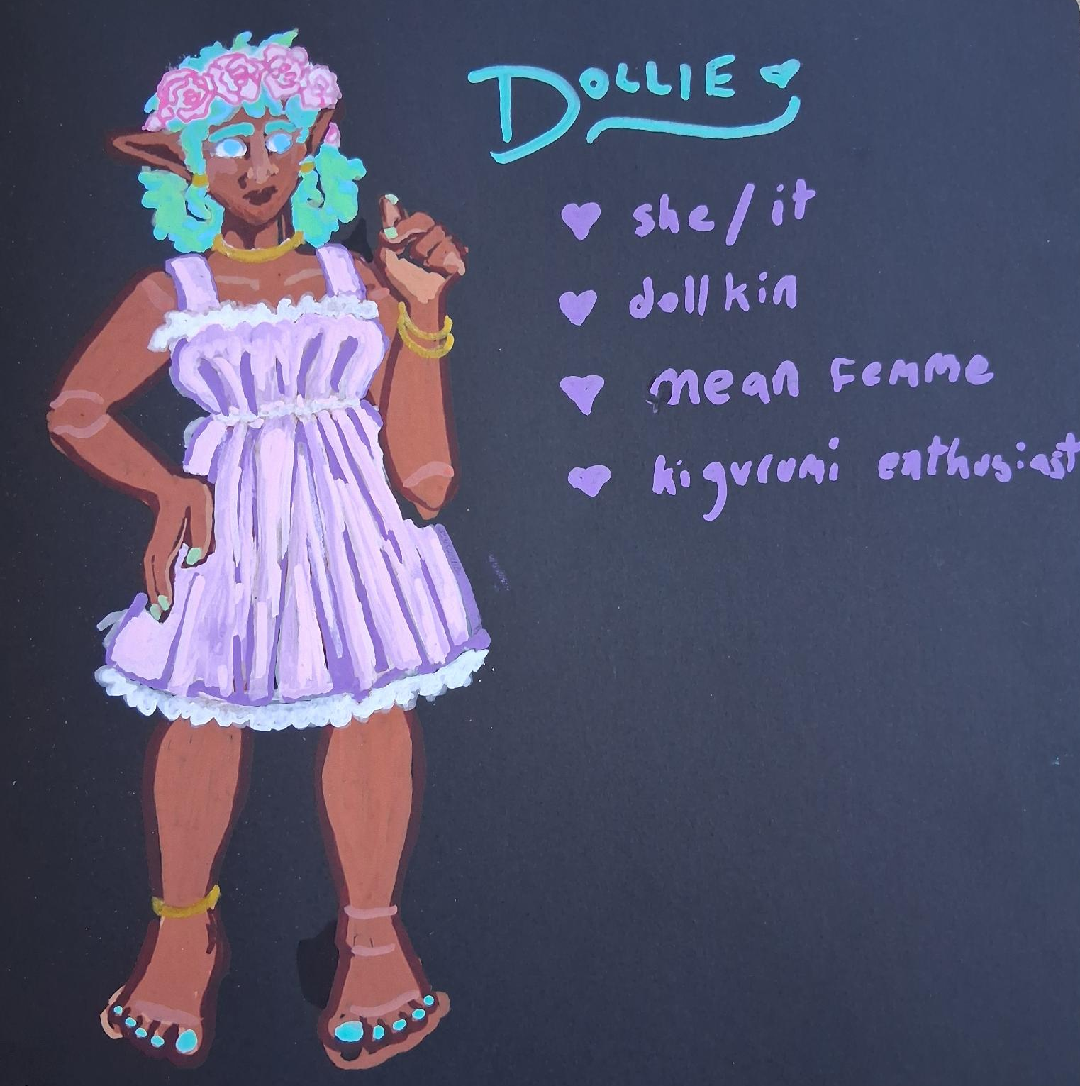 a painting of Dollie, this page's author, me! Im a Black ball-jointed-doll-girl with pointy elfy ears, Miku-teal afro hair-poofs in lil pigtails, and a cute lavender dress