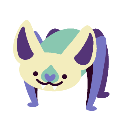 a vampire bat emoji in violet/periwinkle/cream/mint/black plural pride colors