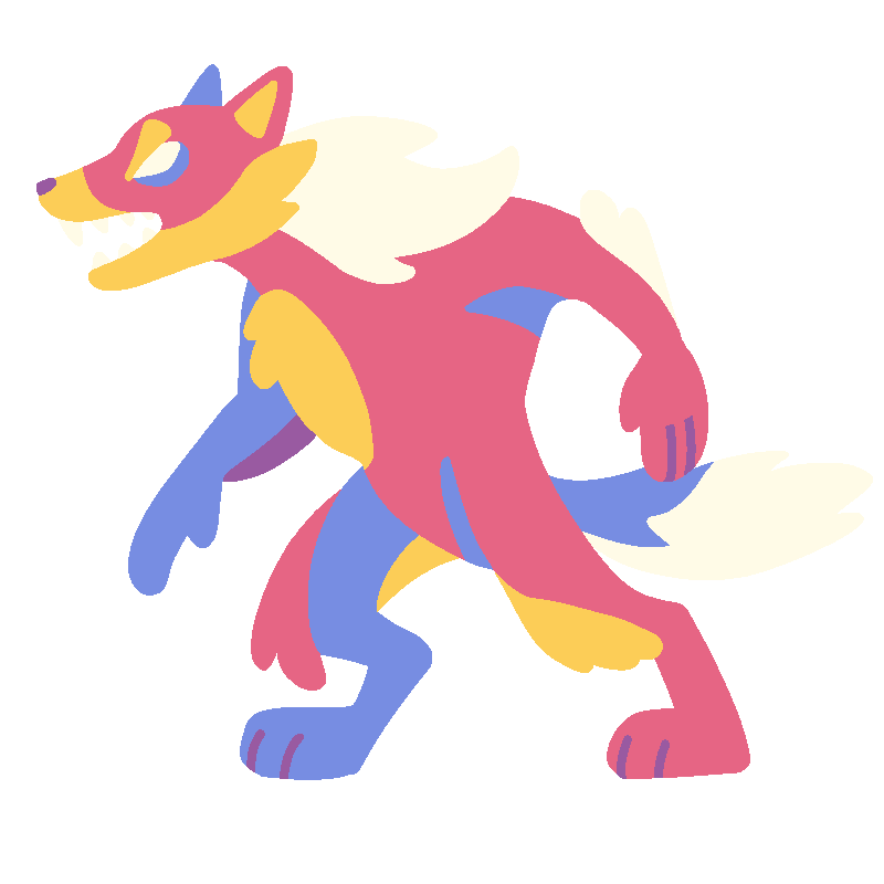 a werewolf emoji in pink/purple/white/yellow/blue bigender pride colors