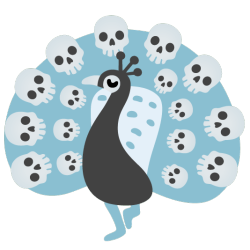 a greyscale peacock emoji with skulls in place of the normal peacock feather eye shapes