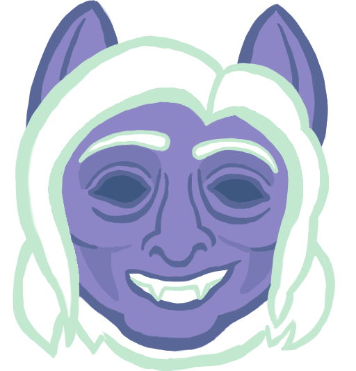 a large emoji of my face, an undead drow elf with tall ears, empty eye sockets, purple skin, and long white hair.