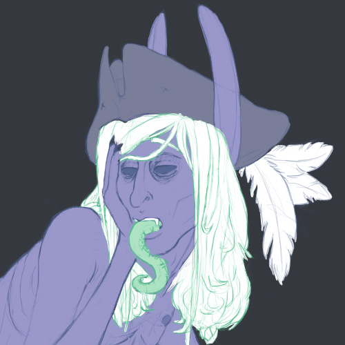 an undead, dusky-puple-skinned drow with long white hair, empty eye sockets and tall rabbit-like ears. He's wearing a fancy black tricorn pirate hat with feathers out the back, and has a naked emaciated torso. His tongue is hanging out, and is a twisty green tentacle instead of a normal tongue