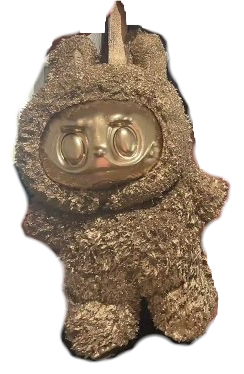 a transparent cutout of the 24K gold labubu
